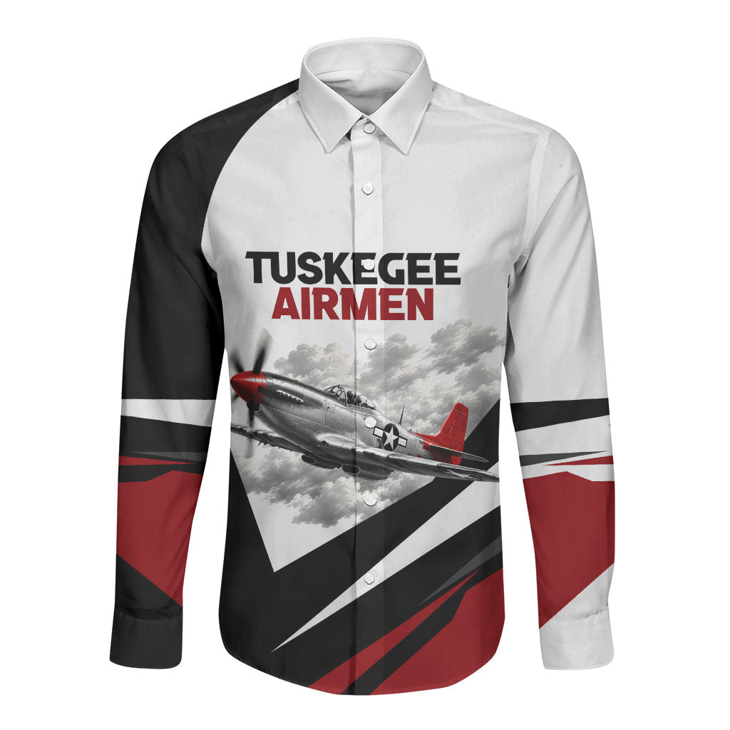Personalized Tuskegee Airmen Long Sleeve Button Shirt Red Tails P-51 Mustang WWII Aviation Never Quit