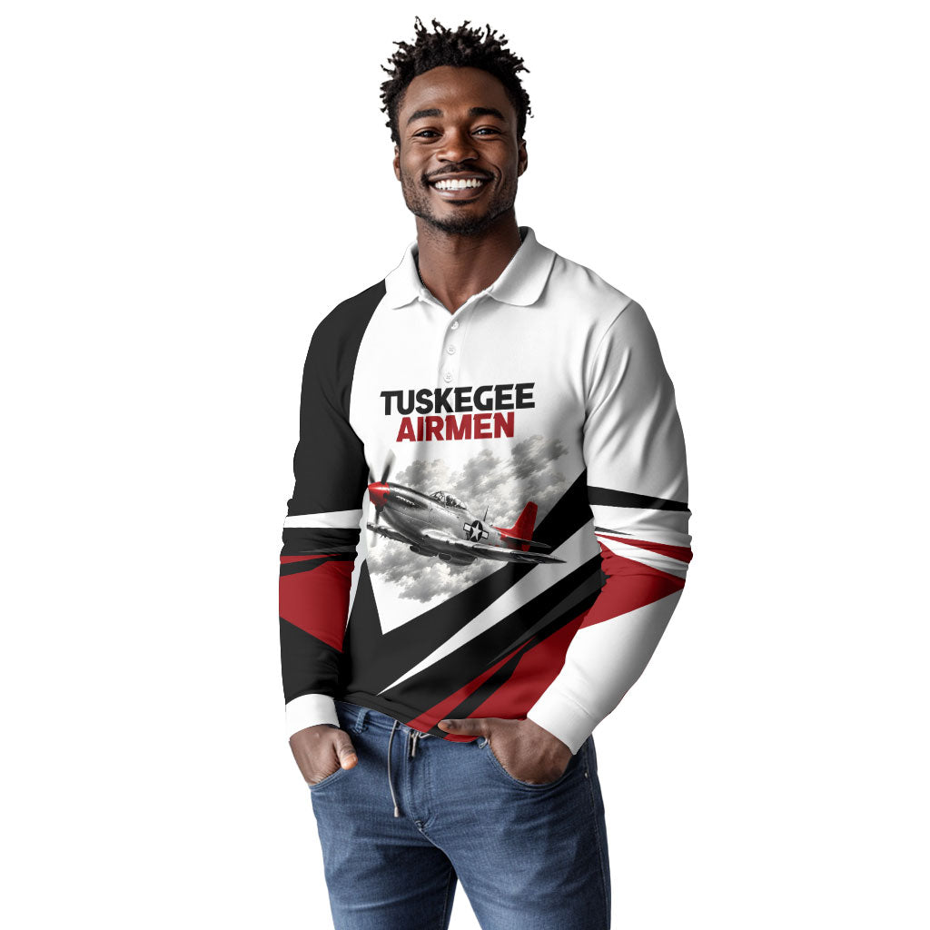 Personalized Tuskegee Airmen Long Sleeve Polo Shirt Red Tails P-51 Mustang WWII Aviation Never Quit