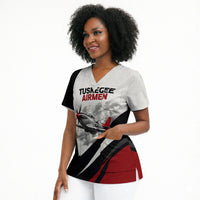 Personalized Tuskegee Airmen Scrub Top Red Tails P-51 Mustang WWII Aviation Never Quit