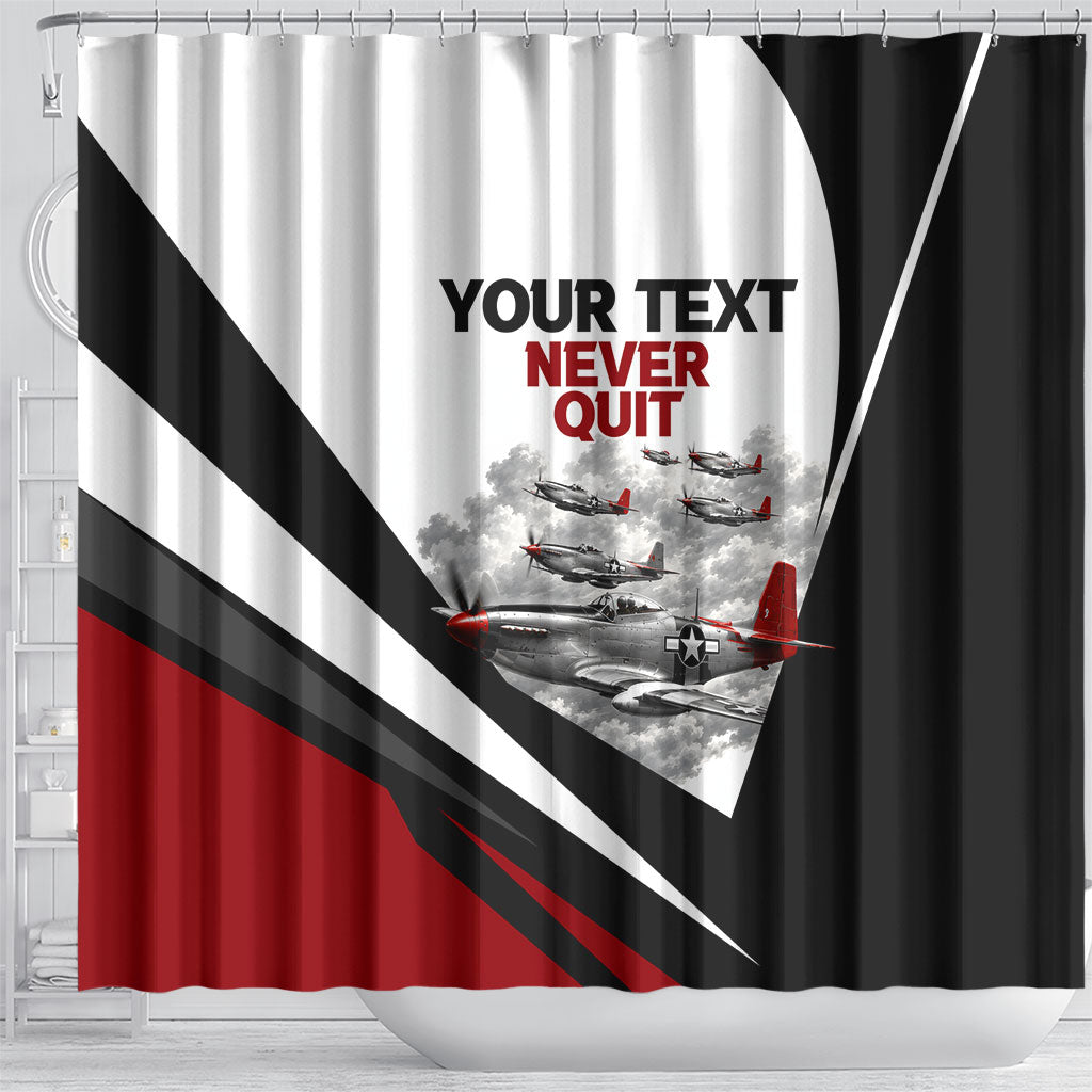 Personalized Tuskegee Airmen Shower Curtain Red Tails P-51 Mustang WWII Aviation Never Quit
