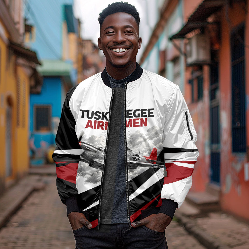 Personalized Tuskegee Airmen Sleeve Zip Bomber Jacket Red Tails P-51 Mustang WWII Aviation Never Quit