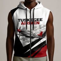 Personalized Tuskegee Airmen Sleeveless Zip Hoodie Red Tails P-51 Mustang WWII Aviation Never Quit