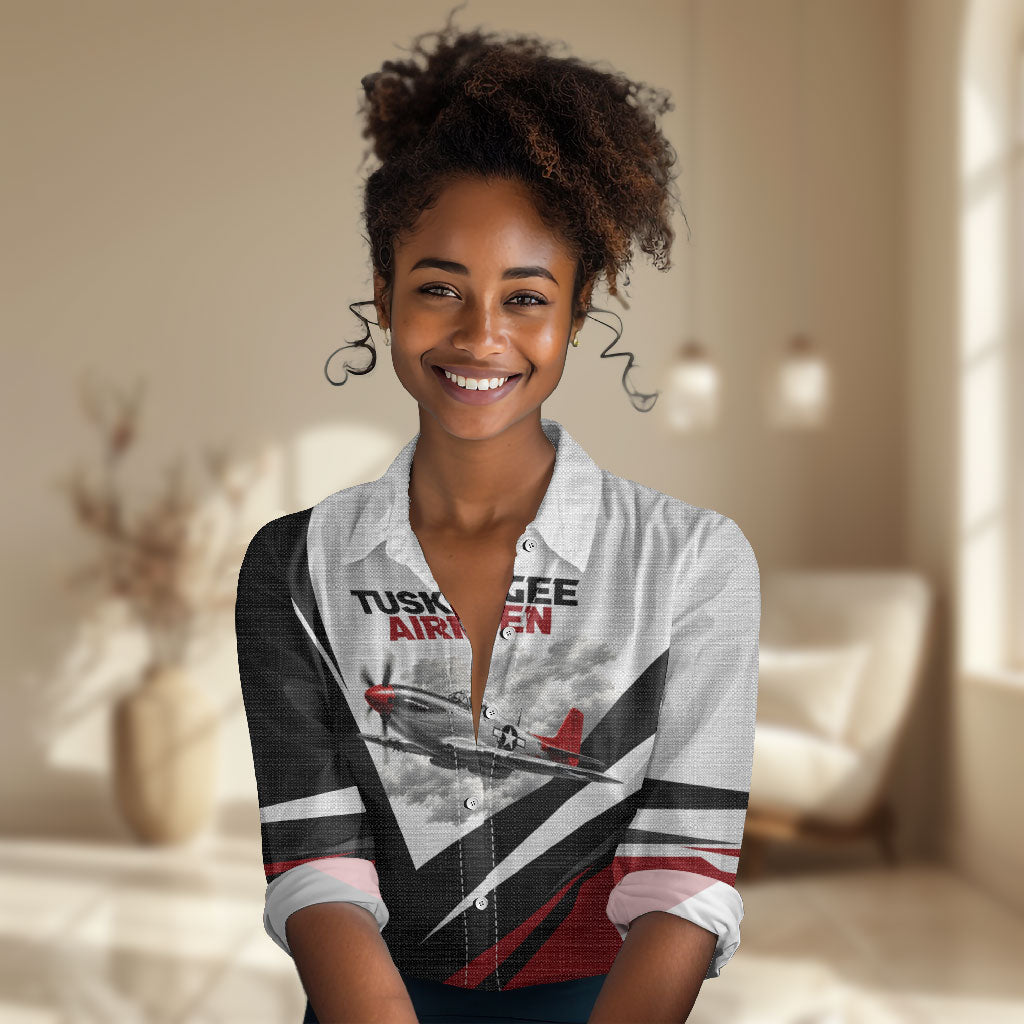 Personalized Tuskegee Airmen Women Casual Shirt Red Tails P-51 Mustang WWII Aviation Never Quit
