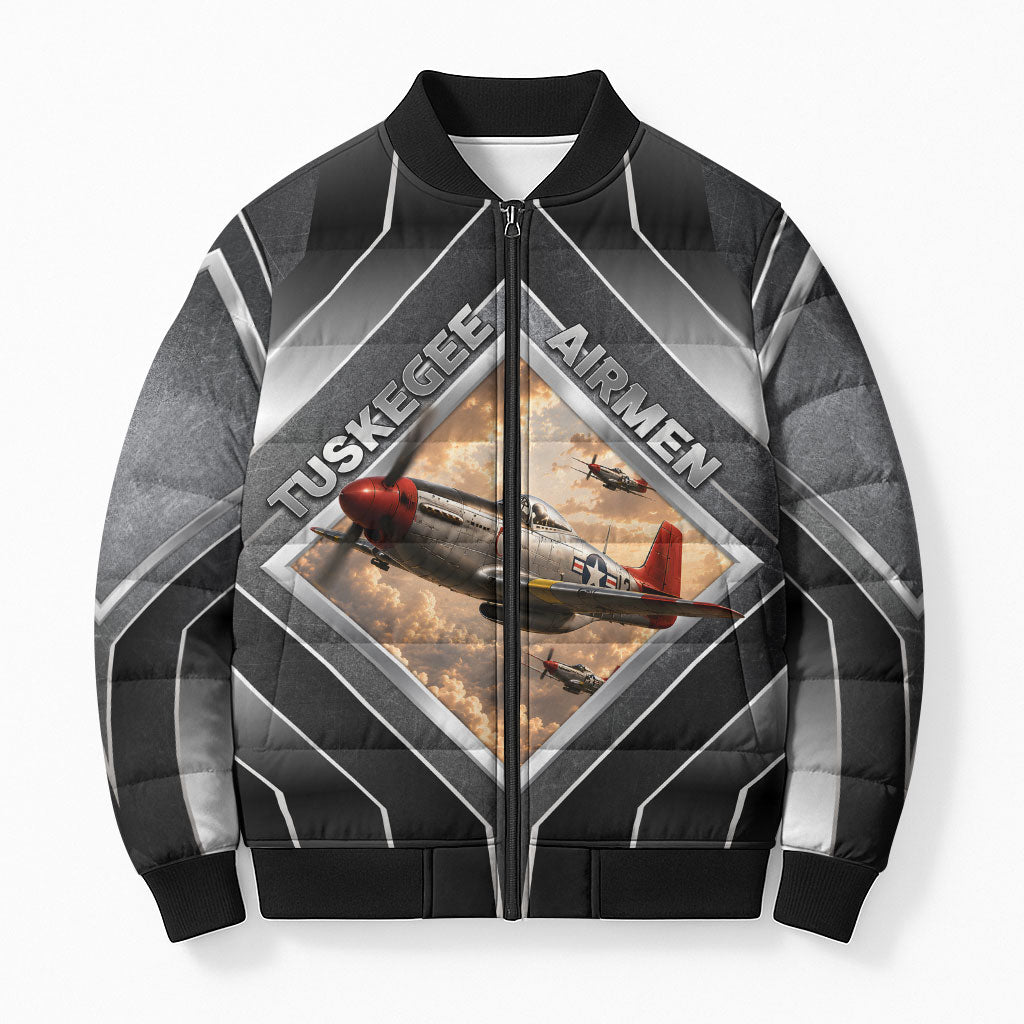Personalized Tuskegee Airmen Bomber Puffer Jacket Vintage WWII Aviation History Graphic Art