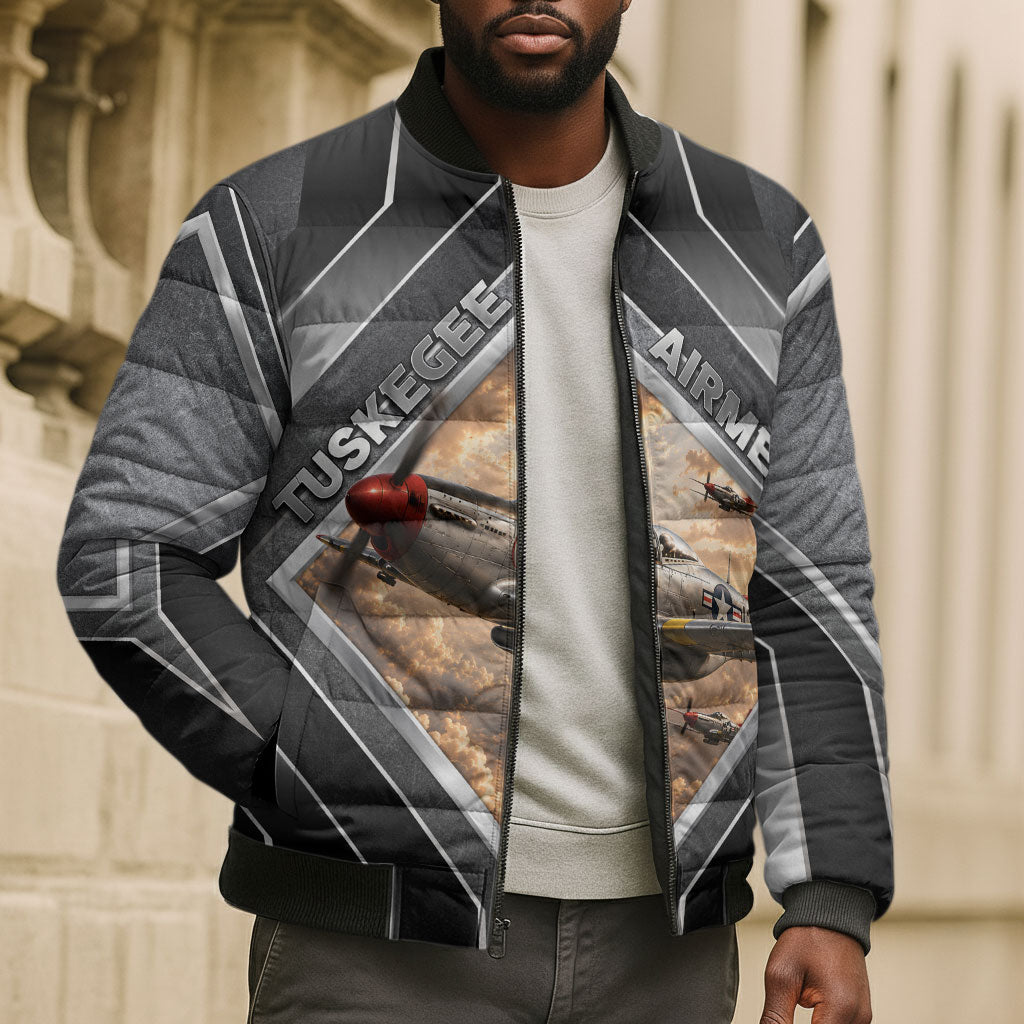 Personalized Tuskegee Airmen Bomber Puffer Jacket Vintage WWII Aviation History Graphic Art