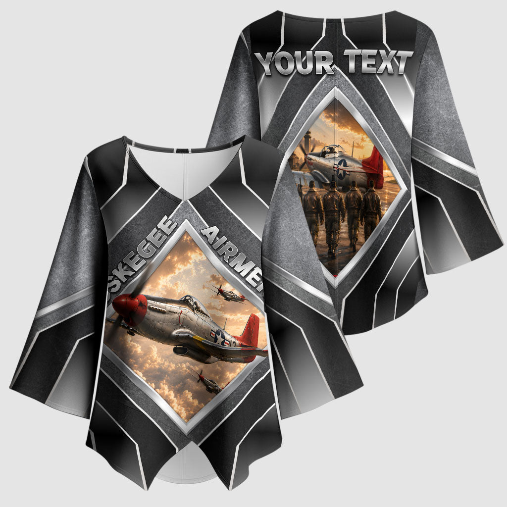 Personalized Tuskegee Airmen Kimono Sleeve Blouse Vintage WWII Aviation History Graphic Art
