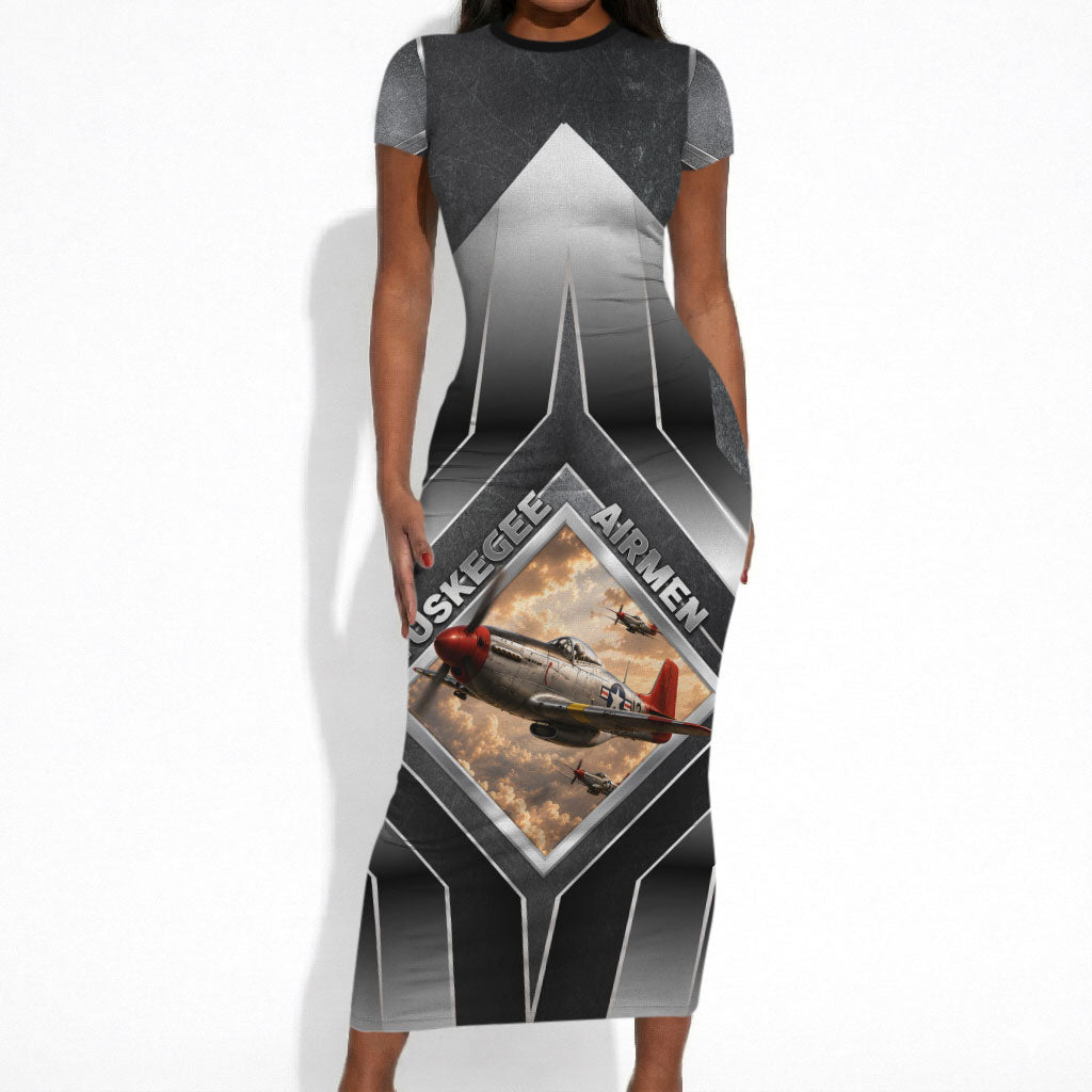 Personalized Tuskegee Airmen Short Sleeve Bodycon Dress Vintage WWII Aviation History Graphic Art