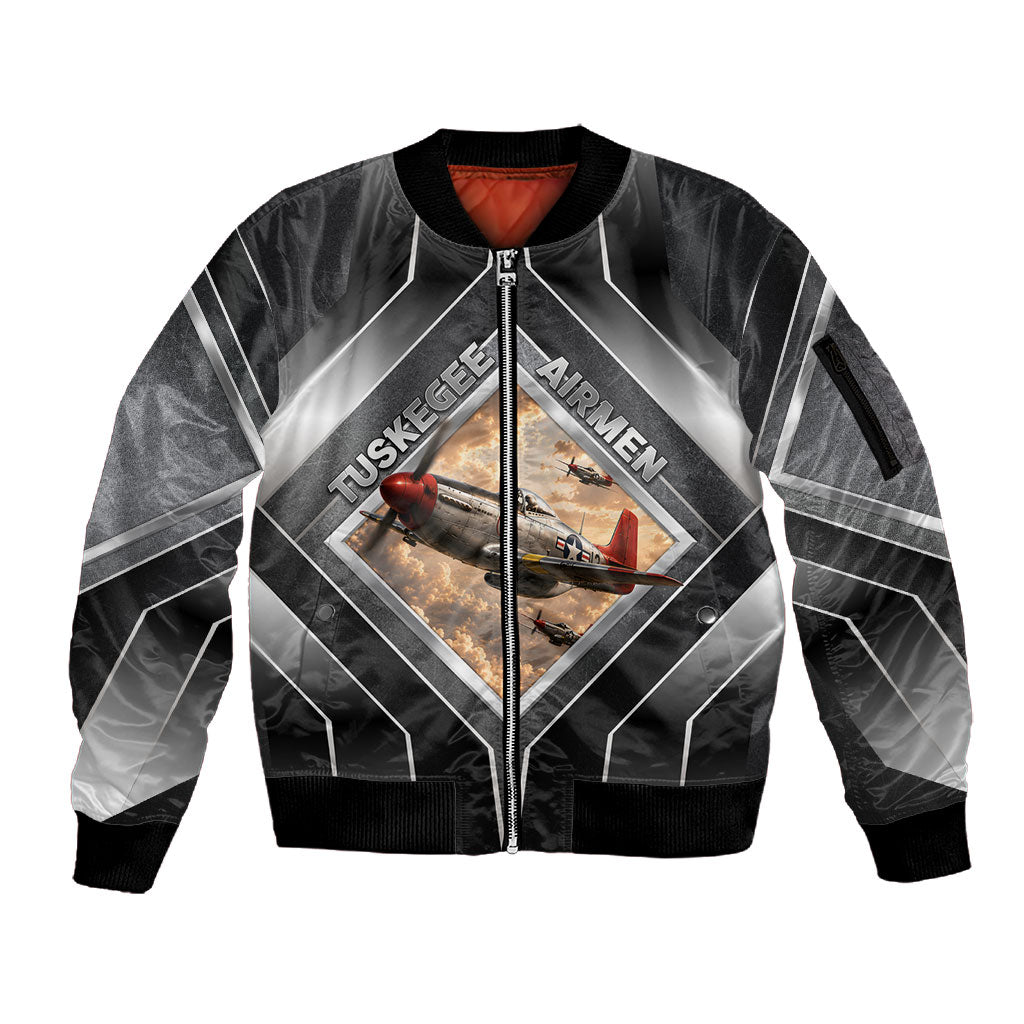 Personalized Tuskegee Airmen Sleeve Zip Bomber Jacket Vintage WWII Aviation History Graphic Art