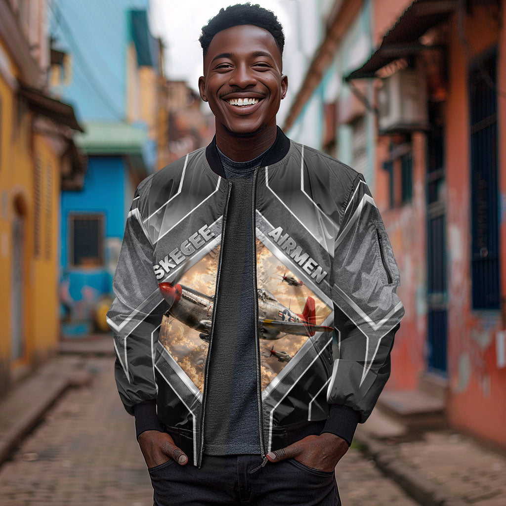 Personalized Tuskegee Airmen Sleeve Zip Bomber Jacket Vintage WWII Aviation History Graphic Art