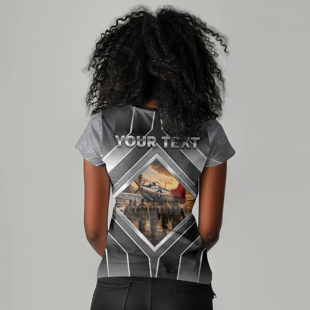 Personalized Tuskegee Airmen Women V-Neck T-Shirt Vintage WWII Aviation History Graphic Art