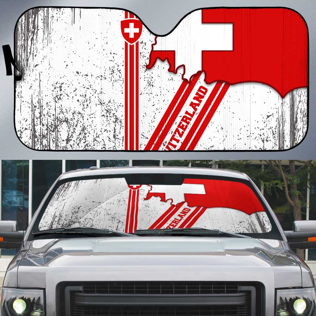Switzerland Flag Auto Sun Shade Swiss Map Red-White Distressed - Wonder Print Shop