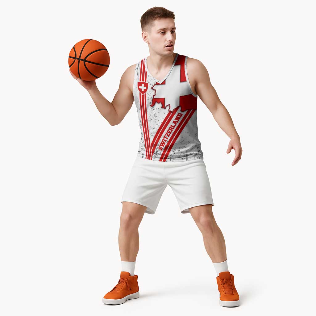 Switzerland Flag Basketball Jersey Swiss Map Red-White Distressed - Wonder Print Shop