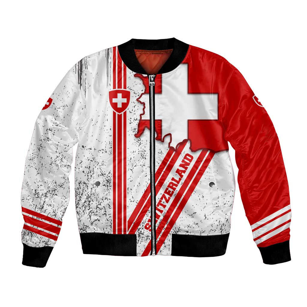 Switzerland Flag Bomber Jacket Swiss Map Red-White Distressed - Wonder Print Shop