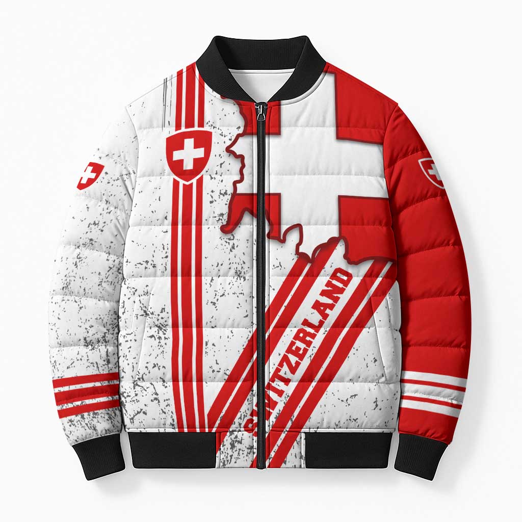 Switzerland Flag Bomber Puffer Jacket Swiss Map Red-White Distressed - Wonder Print Shop