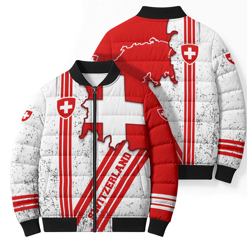 Switzerland Flag Bomber Puffer Jacket Swiss Map Red-White Distressed - Wonder Print Shop