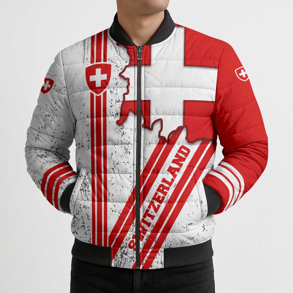 Switzerland Flag Bomber Puffer Jacket Swiss Map Red-White Distressed - Wonder Print Shop