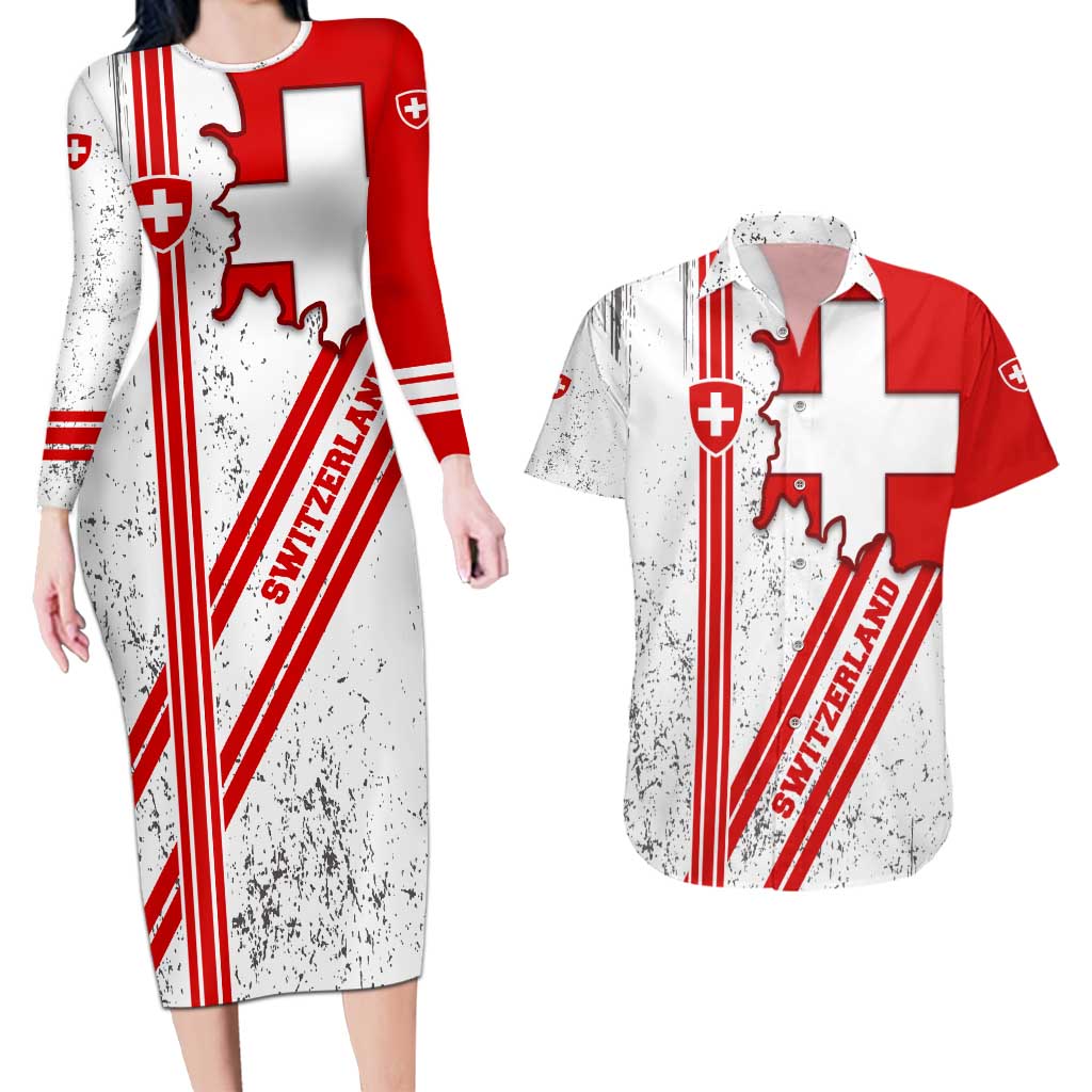 Switzerland Flag Couples Matching Long Sleeve Bodycon Dress and Hawaiian Shirt Swiss Map Red-White Distressed - Wonder Print Shop