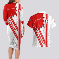 Switzerland Flag Couples Matching Long Sleeve Bodycon Dress and Hawaiian Shirt Swiss Map Red-White Distressed - Wonder Print Shop