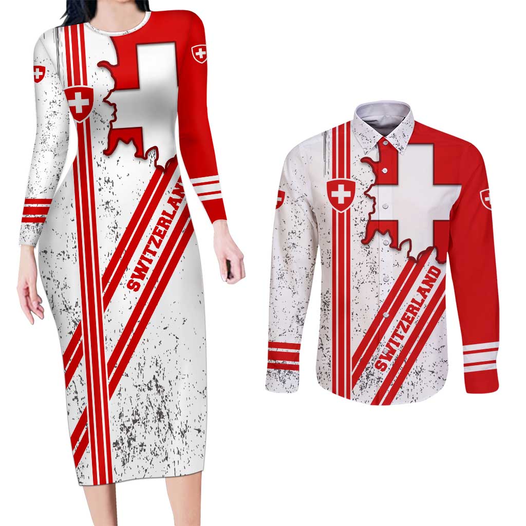 Switzerland Flag Couples Matching Long Sleeve Bodycon Dress and Long Sleeve Button Shirt Swiss Map Red-White Distressed - Wonder Print Shop