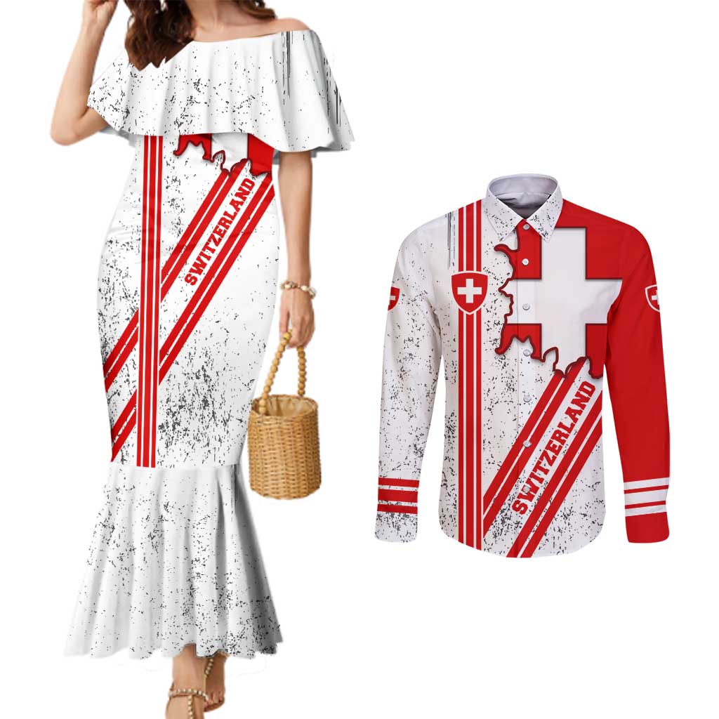 Switzerland Flag Couples Matching Mermaid Dress and Long Sleeve Button Shirt Swiss Map Red-White Distressed - Wonder Print Shop