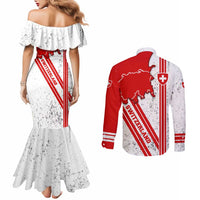 Switzerland Flag Couples Matching Mermaid Dress and Long Sleeve Button Shirt Swiss Map Red-White Distressed - Wonder Print Shop