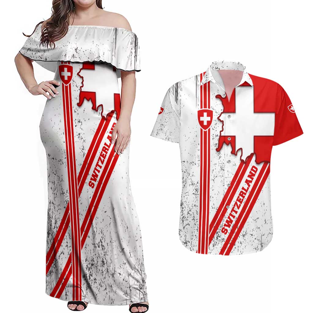 Switzerland Flag Couples Matching Off Shoulder Maxi Dress and Hawaiian Shirt Swiss Map Red-White Distressed - Wonder Print Shop