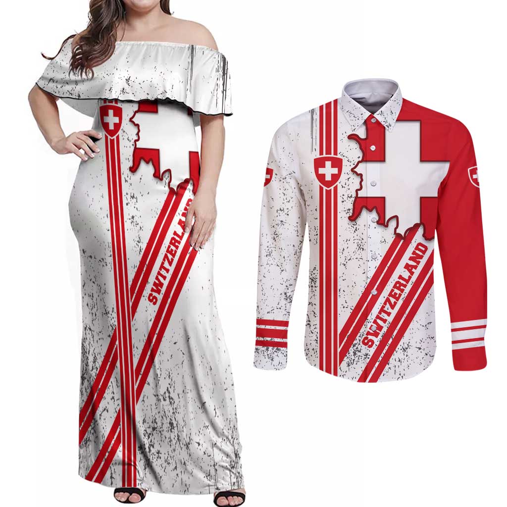 Switzerland Flag Couples Matching Off Shoulder Maxi Dress and Long Sleeve Button Shirt Swiss Map Red-White Distressed - Wonder Print Shop