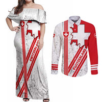 Switzerland Flag Couples Matching Off Shoulder Maxi Dress and Long Sleeve Button Shirt Swiss Map Red-White Distressed - Wonder Print Shop
