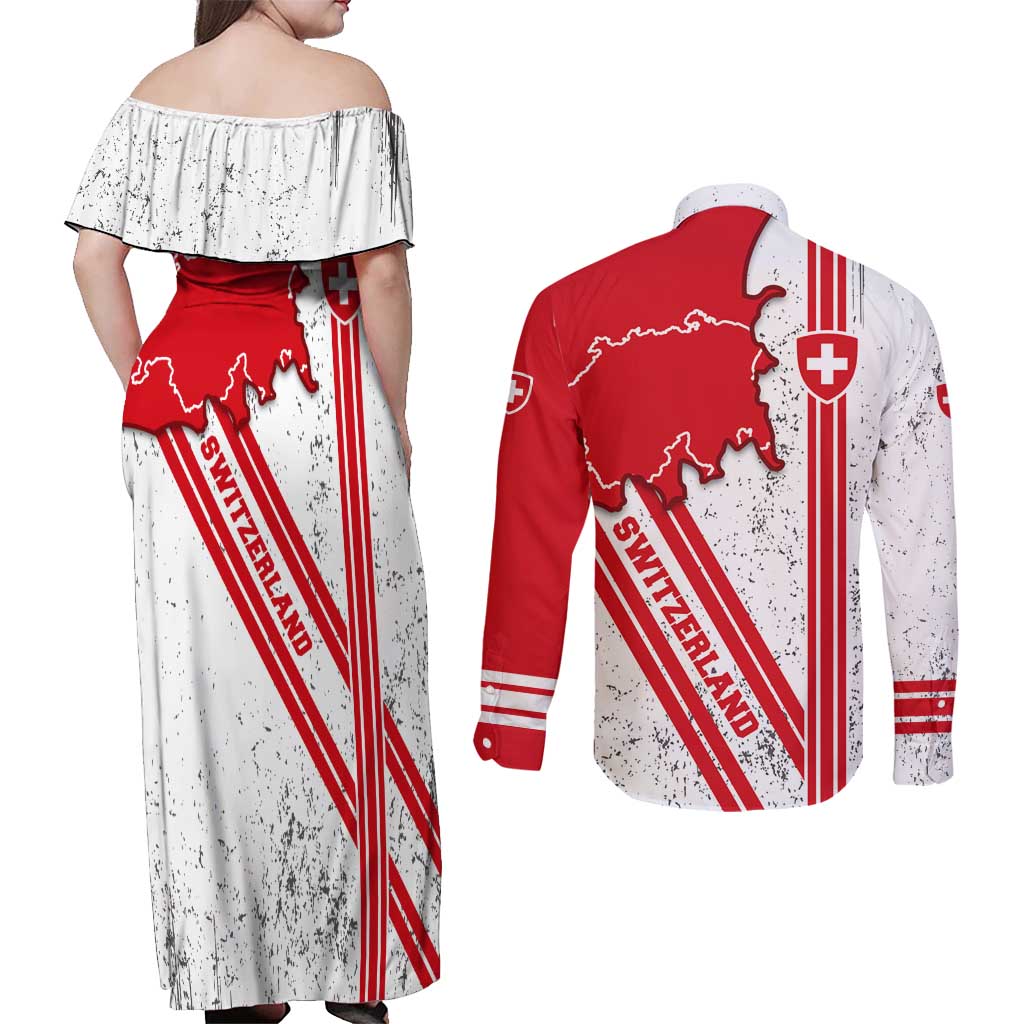 Switzerland Flag Couples Matching Off Shoulder Maxi Dress and Long Sleeve Button Shirt Swiss Map Red-White Distressed - Wonder Print Shop
