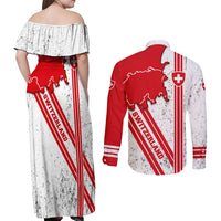 Switzerland Flag Couples Matching Off Shoulder Maxi Dress and Long Sleeve Button Shirt Swiss Map Red-White Distressed - Wonder Print Shop