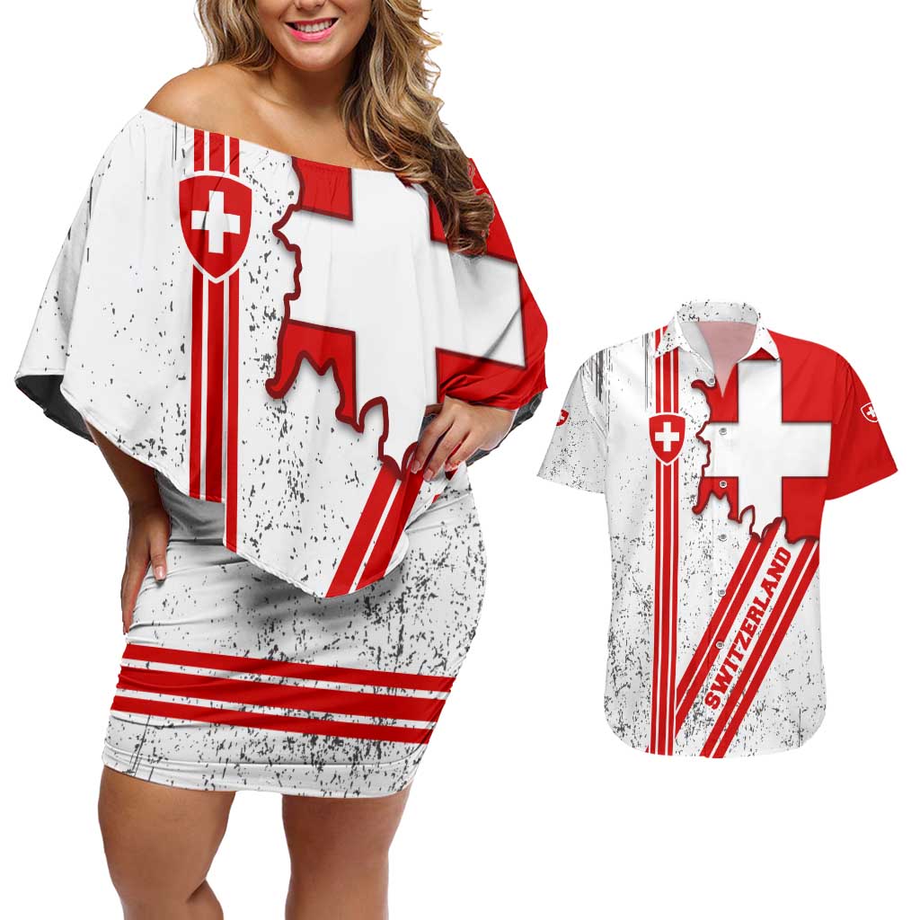 Switzerland Flag Couples Matching Off Shoulder Short Dress and Hawaiian Shirt Swiss Map Red-White Distressed - Wonder Print Shop