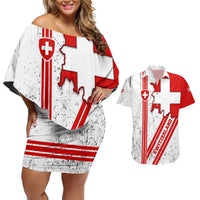 Switzerland Flag Couples Matching Off Shoulder Short Dress and Hawaiian Shirt Swiss Map Red-White Distressed - Wonder Print Shop