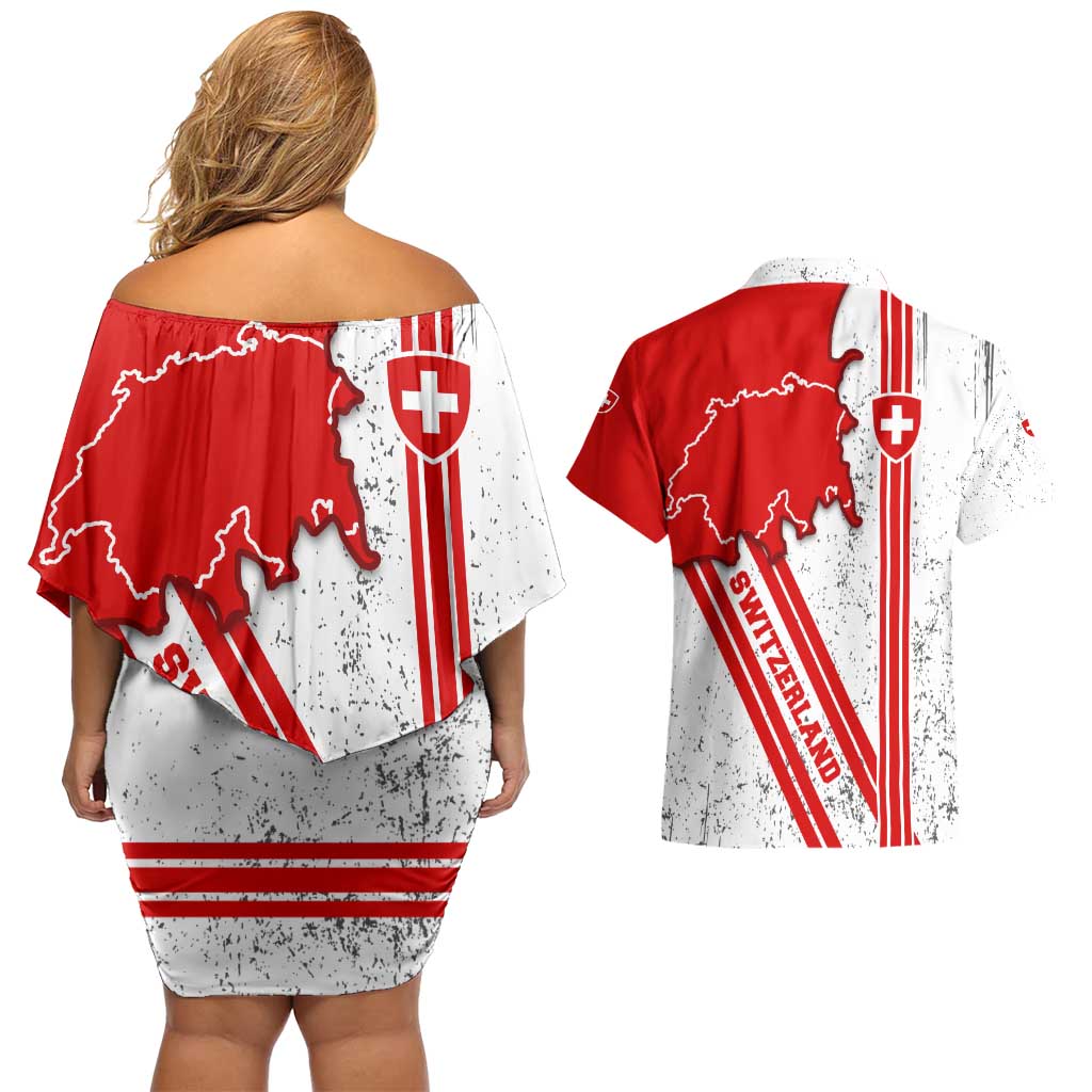 Switzerland Flag Couples Matching Off Shoulder Short Dress and Hawaiian Shirt Swiss Map Red-White Distressed - Wonder Print Shop