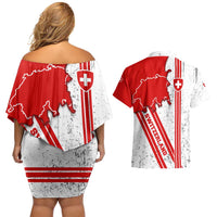 Switzerland Flag Couples Matching Off Shoulder Short Dress and Hawaiian Shirt Swiss Map Red-White Distressed - Wonder Print Shop
