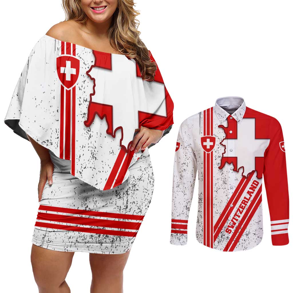 Switzerland Flag Couples Matching Off Shoulder Short Dress and Long Sleeve Button Shirt Swiss Map Red-White Distressed - Wonder Print Shop