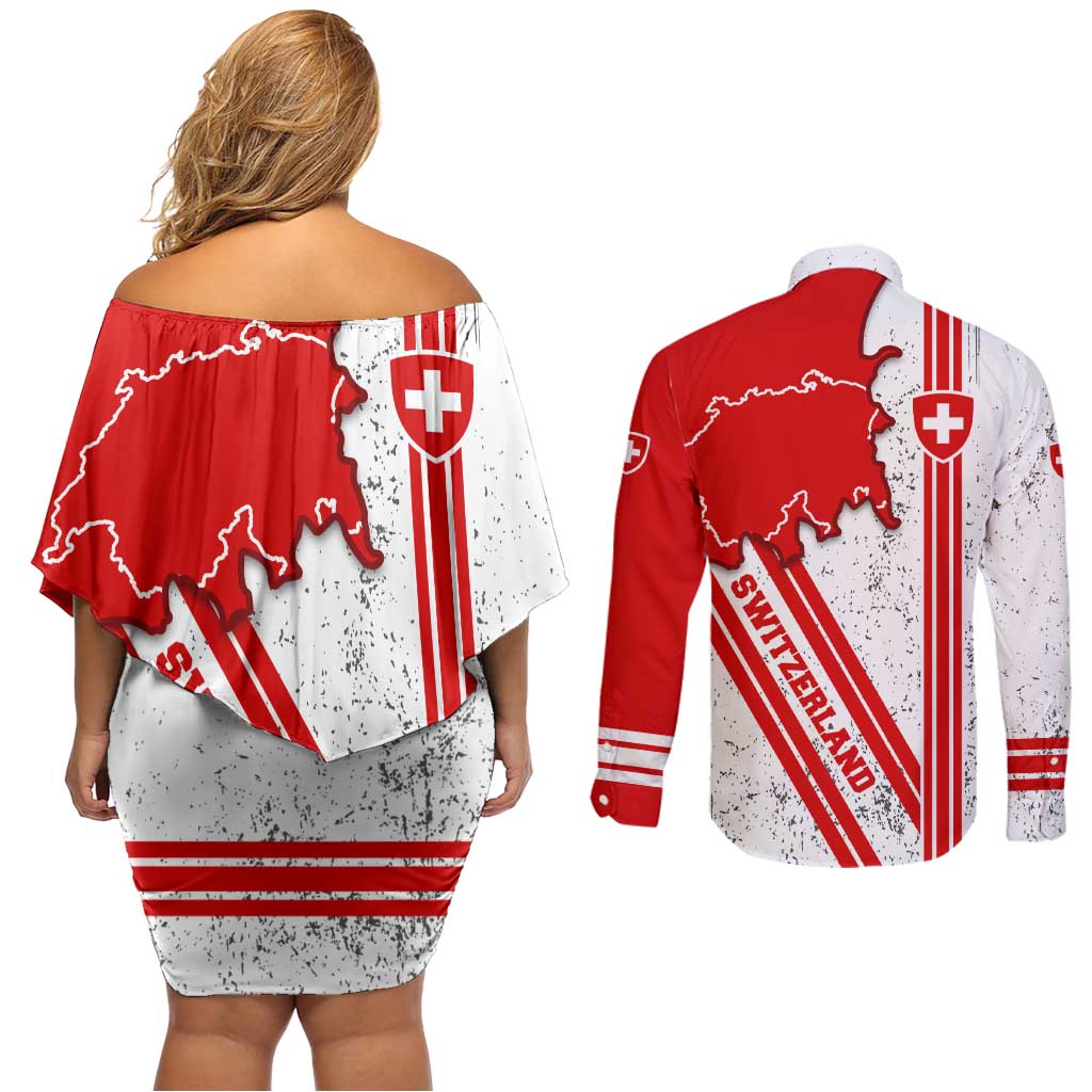 Switzerland Flag Couples Matching Off Shoulder Short Dress and Long Sleeve Button Shirt Swiss Map Red-White Distressed - Wonder Print Shop
