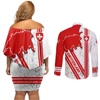 Switzerland Flag Couples Matching Off Shoulder Short Dress and Long Sleeve Button Shirt Swiss Map Red-White Distressed - Wonder Print Shop