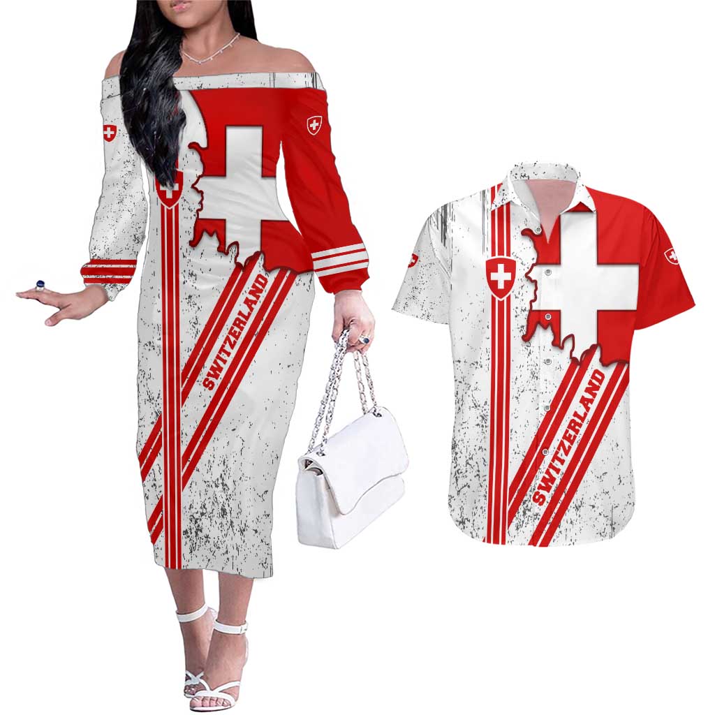 Switzerland Flag Couples Matching Off The Shoulder Long Sleeve Dress and Hawaiian Shirt Swiss Map Red-White Distressed - Wonder Print Shop