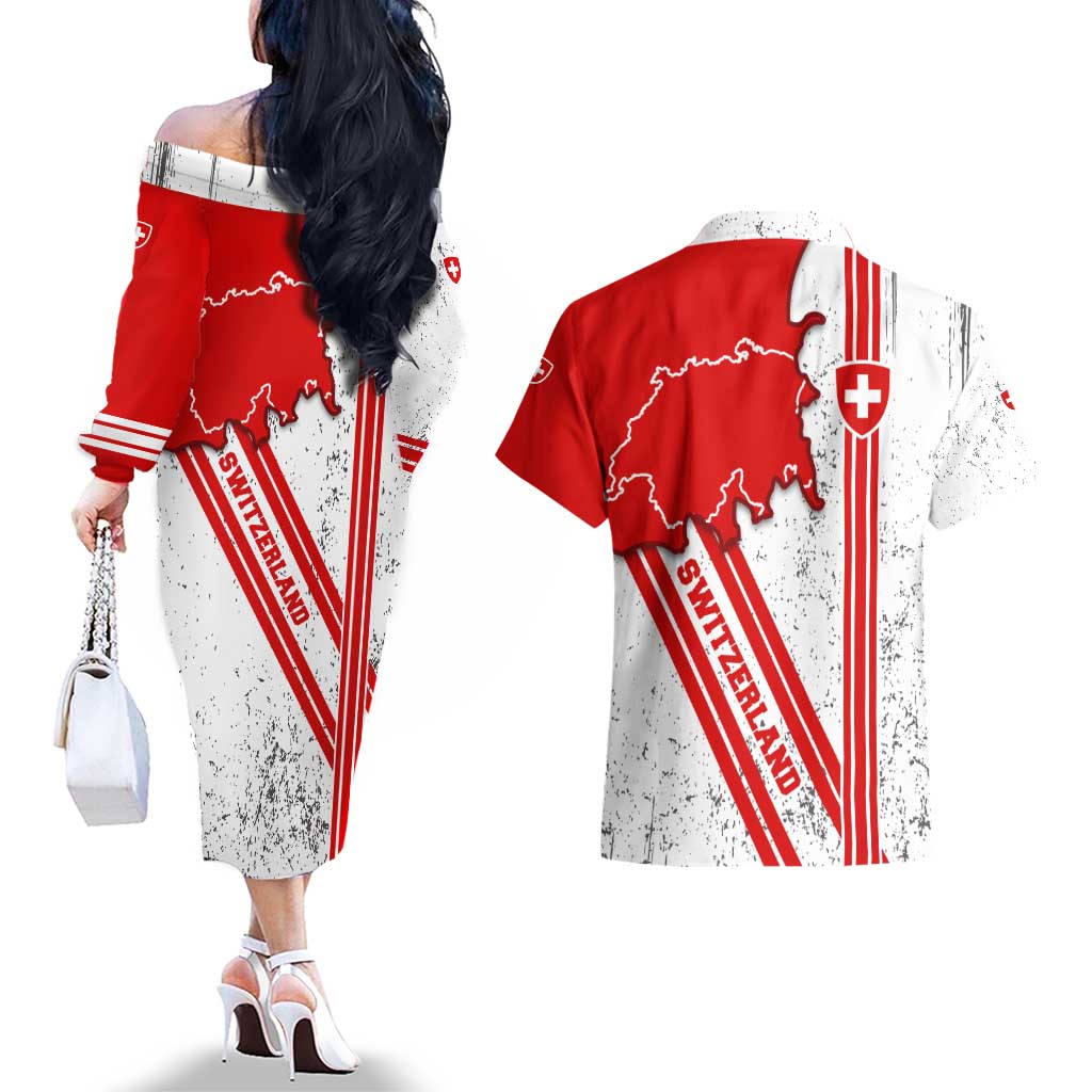 Switzerland Flag Couples Matching Off The Shoulder Long Sleeve Dress and Hawaiian Shirt Swiss Map Red-White Distressed - Wonder Print Shop