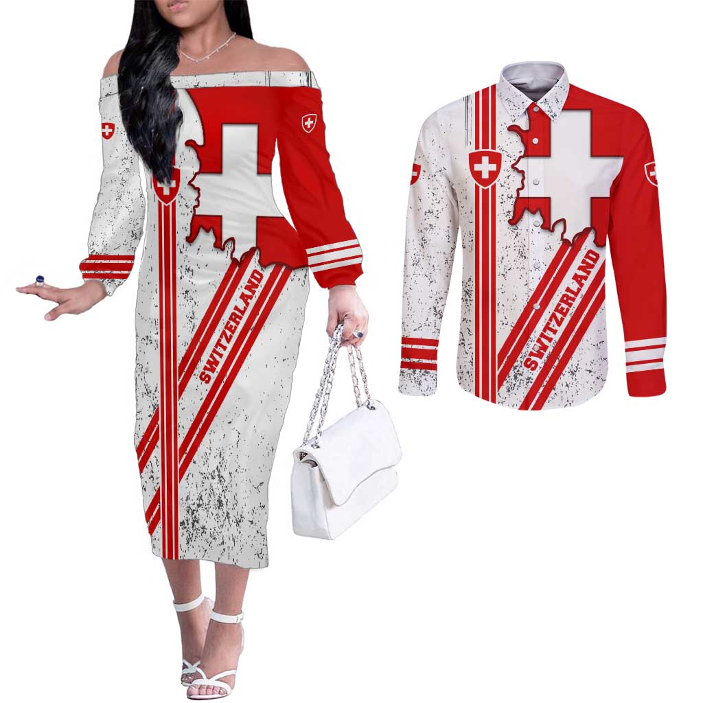 Switzerland Flag Couples Matching Off The Shoulder Long Sleeve Dress and Long Sleeve Button Shirt Swiss Map Red-White Distressed - Wonder Print Shop