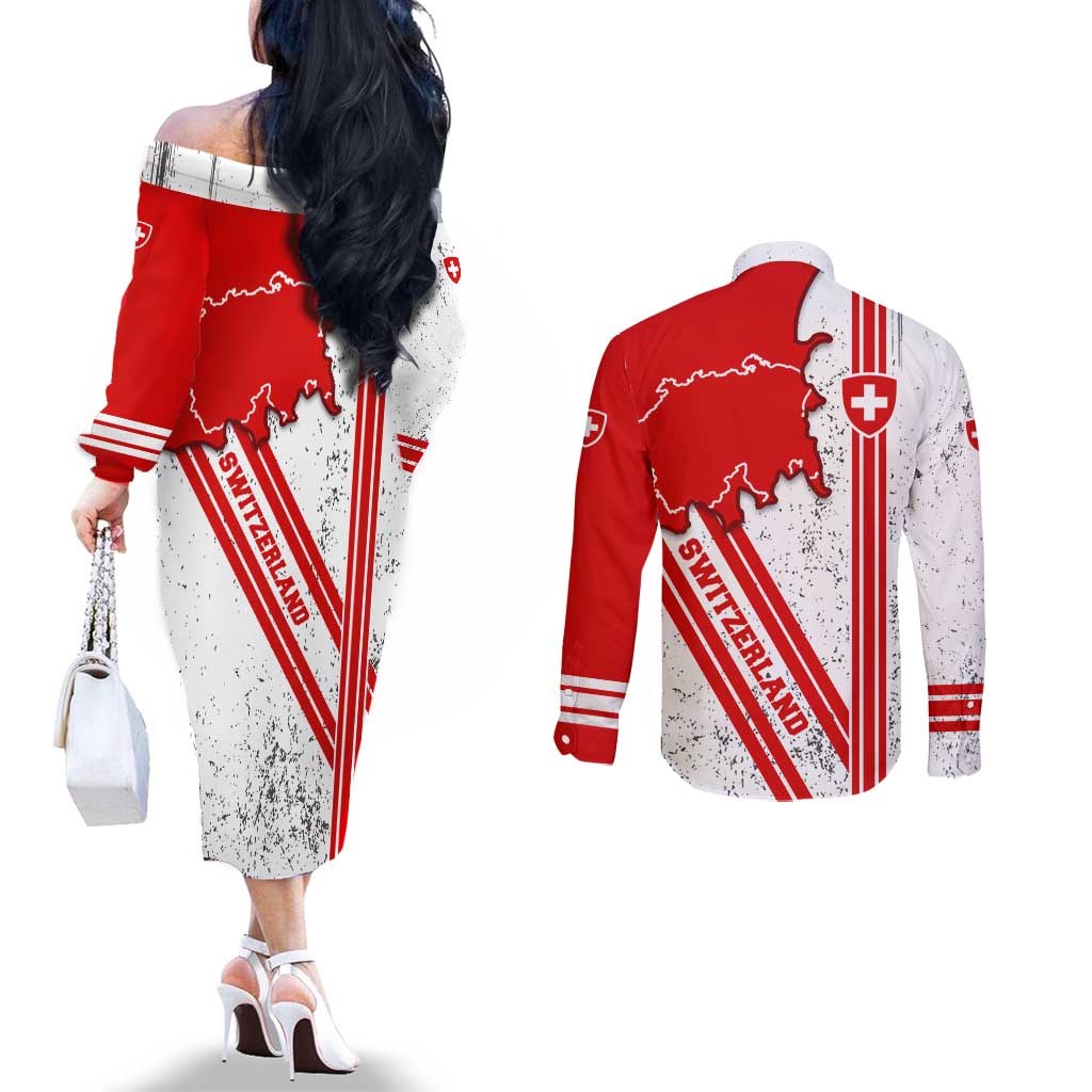 Switzerland Flag Couples Matching Off The Shoulder Long Sleeve Dress and Long Sleeve Button Shirt Swiss Map Red-White Distressed - Wonder Print Shop