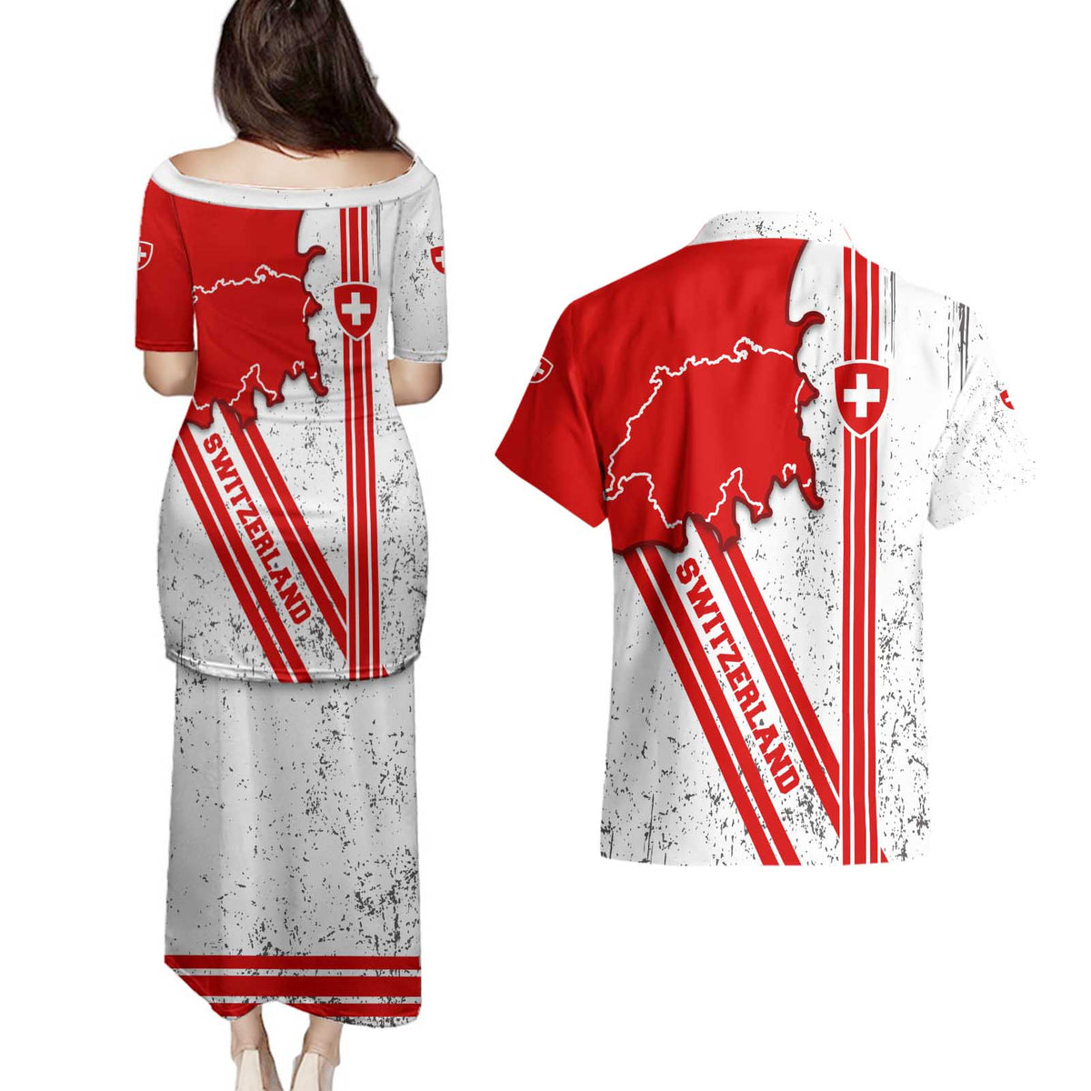 Switzerland Flag Couples Matching Puletasi and Hawaiian Shirt Swiss Map Red-White Distressed - Wonder Print Shop