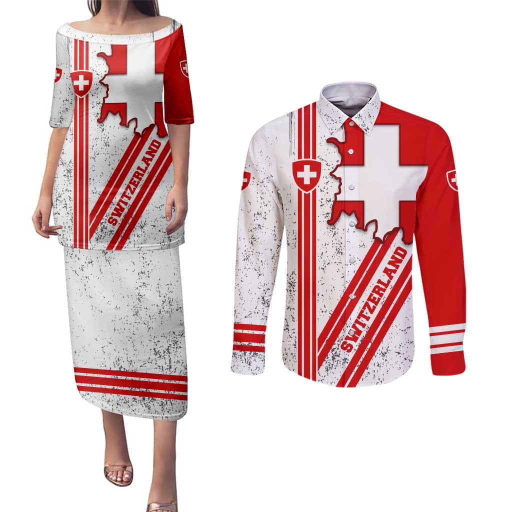 Switzerland Flag Couples Matching Puletasi and Long Sleeve Button Shirt Swiss Map Red-White Distressed - Wonder Print Shop
