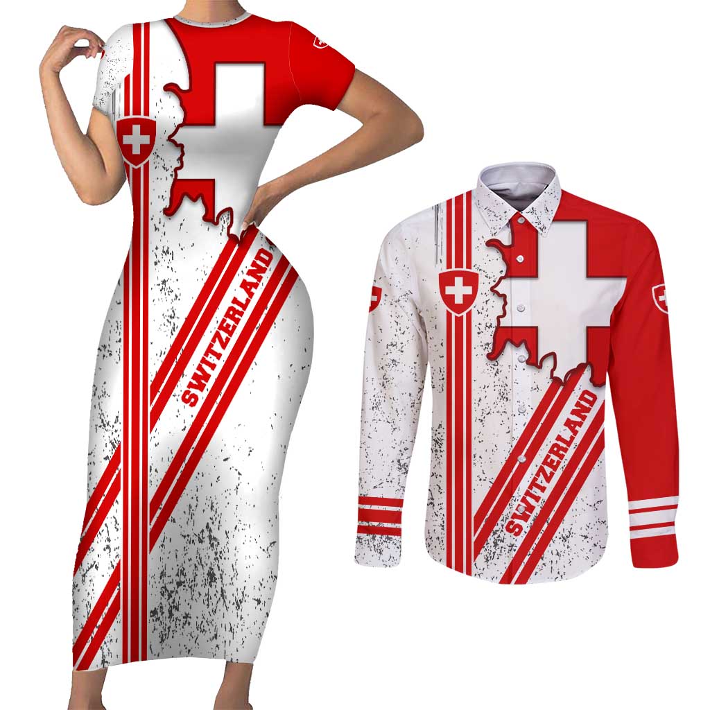 Switzerland Flag Couples Matching Short Sleeve Bodycon Dress and Long Sleeve Button Shirt Swiss Map Red-White Distressed - Wonder Print Shop