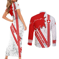 Switzerland Flag Couples Matching Short Sleeve Bodycon Dress and Long Sleeve Button Shirt Swiss Map Red-White Distressed - Wonder Print Shop