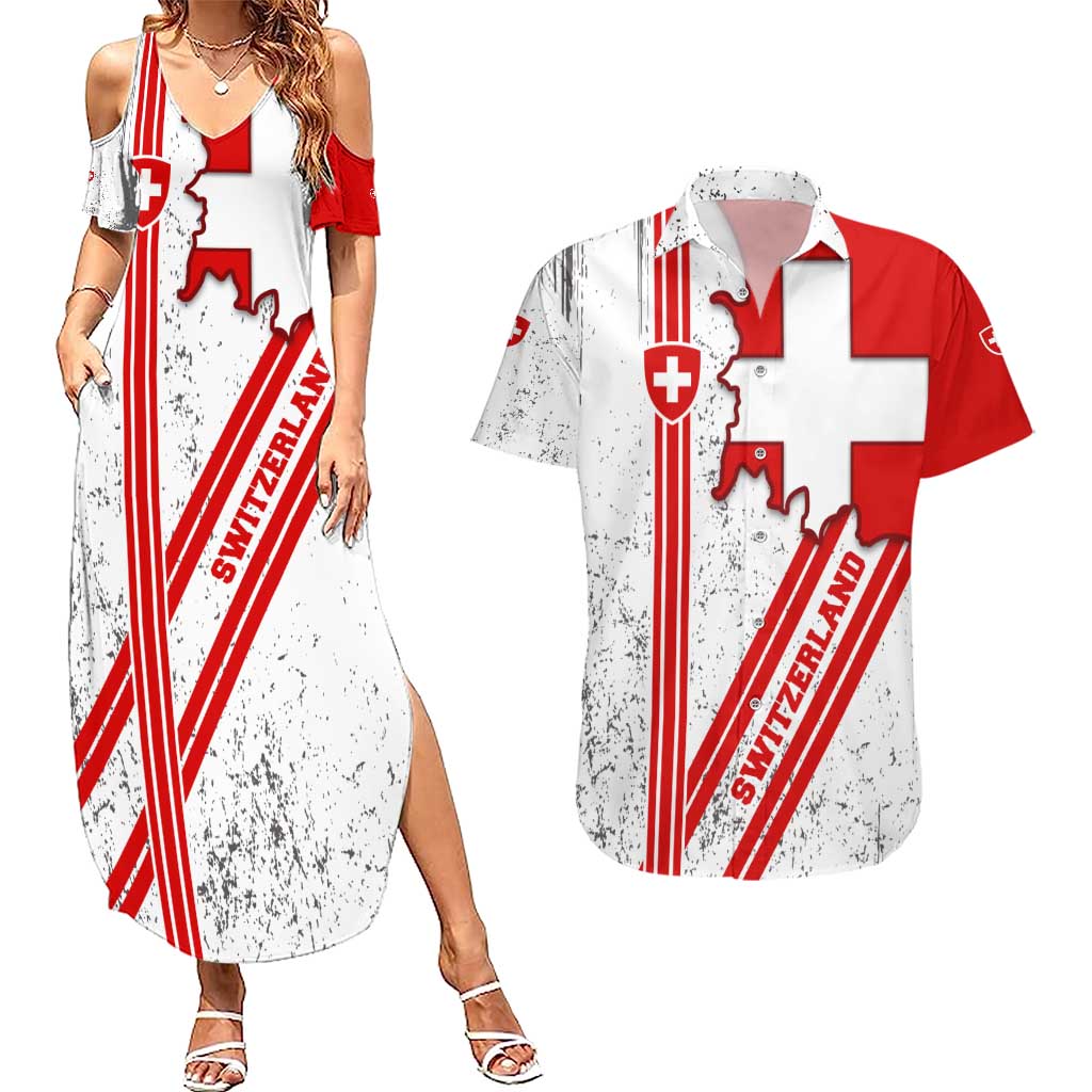 Switzerland Flag Couples Matching Summer Maxi Dress and Hawaiian Shirt Swiss Map Red-White Distressed - Wonder Print Shop