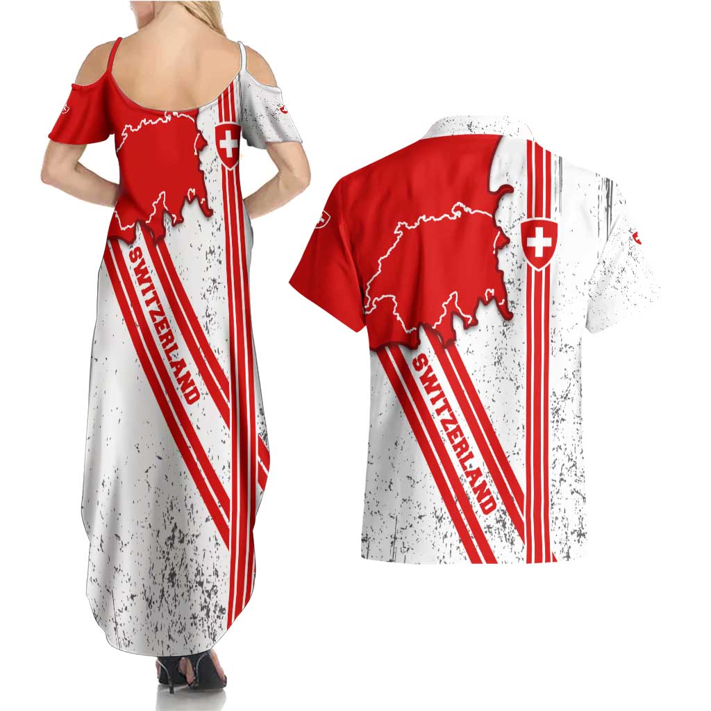 Switzerland Flag Couples Matching Summer Maxi Dress and Hawaiian Shirt Swiss Map Red-White Distressed - Wonder Print Shop