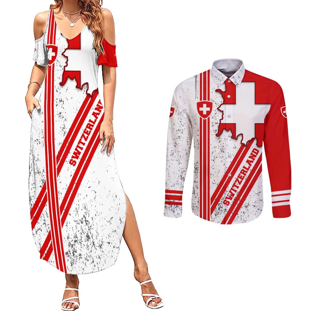 Switzerland Flag Couples Matching Summer Maxi Dress and Long Sleeve Button Shirt Swiss Map Red-White Distressed - Wonder Print Shop