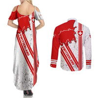 Switzerland Flag Couples Matching Summer Maxi Dress and Long Sleeve Button Shirt Swiss Map Red-White Distressed - Wonder Print Shop