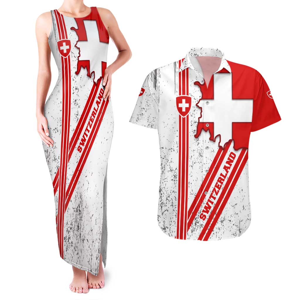 Switzerland Flag Couples Matching Tank Maxi Dress and Hawaiian Shirt Swiss Map Red-White Distressed - Wonder Print Shop